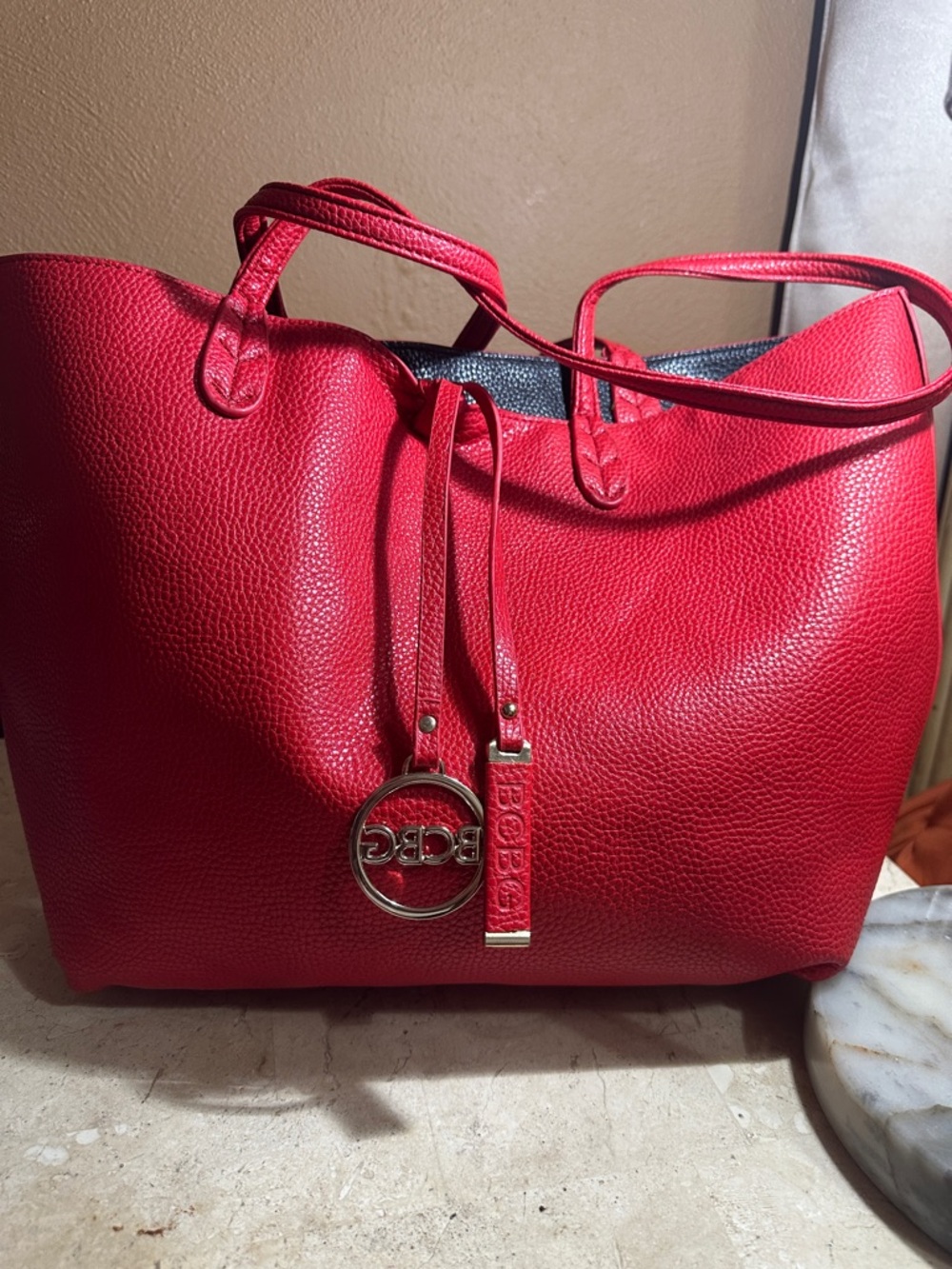 BCBG Red Pebbled Tote with Gold Logo Charm